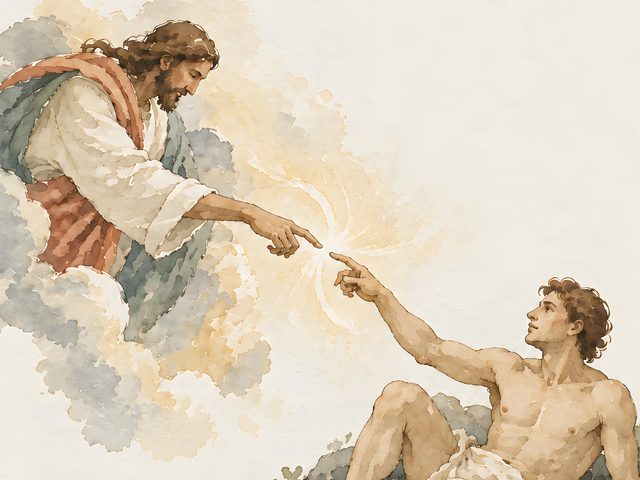 Creation of Adam, Genesis 1:27 watercolor print, close-up of the watercolor painting