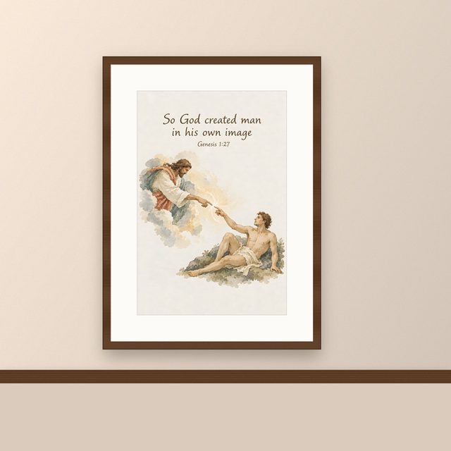 Creation of Adam, Genesis 1:27 watercolor print, framed on a wall