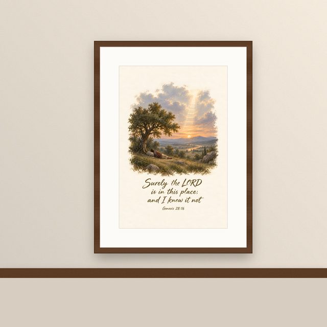 Jacob's Ladder, Genesis 28:16 watercolor print, framed on a wall