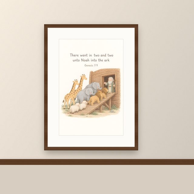 Noah's Ark, Genesis 7:9 watercolor print, framed on a wall