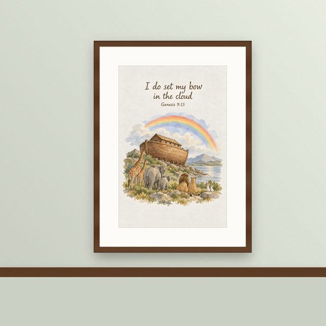 Noah's Ark, Genesis 9:13 watercolor print, framed on a wall