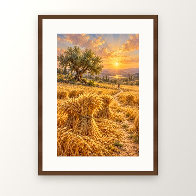 Golden Harvest Field oil-style print, in a walnut frame with a white mat