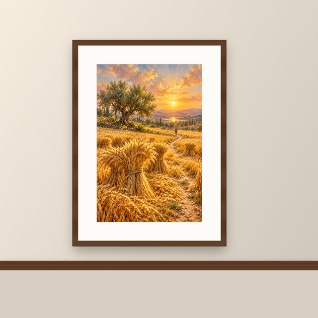 Golden Harvest Field oil-style print, framed and hung on a painted wall above a wooden ledge