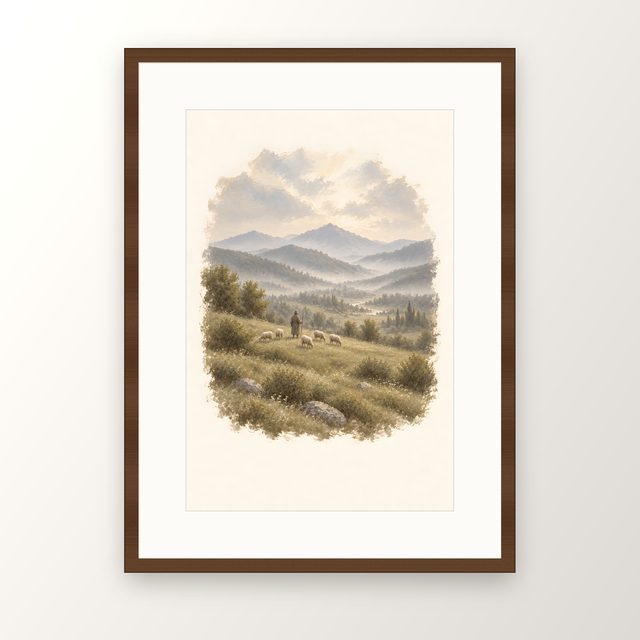 Green Pastures Shepherd, watercolor print, framed