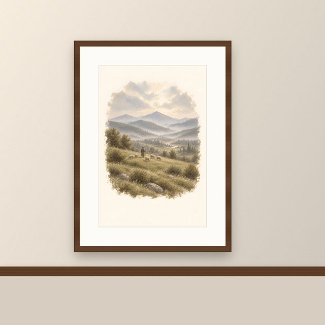Green Pastures Shepherd, watercolor print, framed on a wall