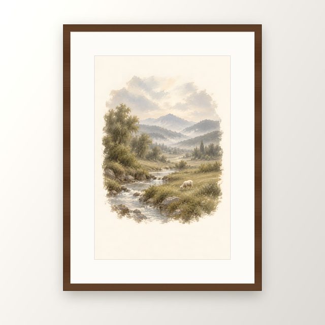 Green Pastures Stream, watercolor print, framed