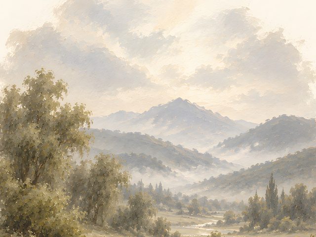 Green Pastures Stream watercolor print, close-up of the watercolor painting