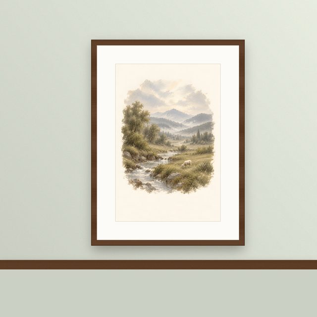 Green Pastures Stream, watercolor print, framed on a wall