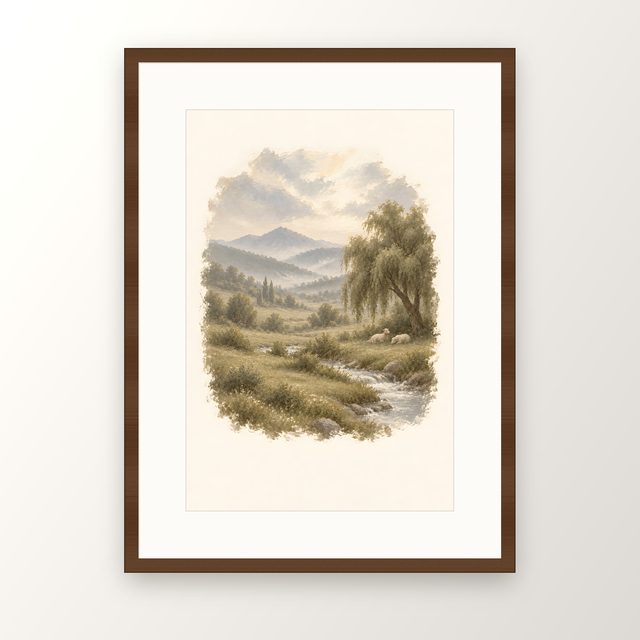 Green Pastures Willow, watercolor print, framed