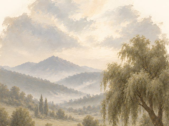 Green Pastures Willow watercolor print, close-up of the watercolor painting