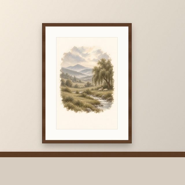 Green Pastures Willow, watercolor print, framed on a wall