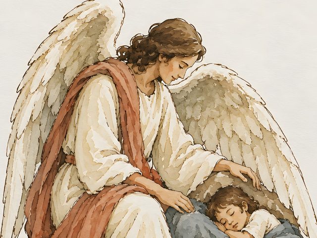 Guardian Angel watercolor print, close-up of the watercolor painting