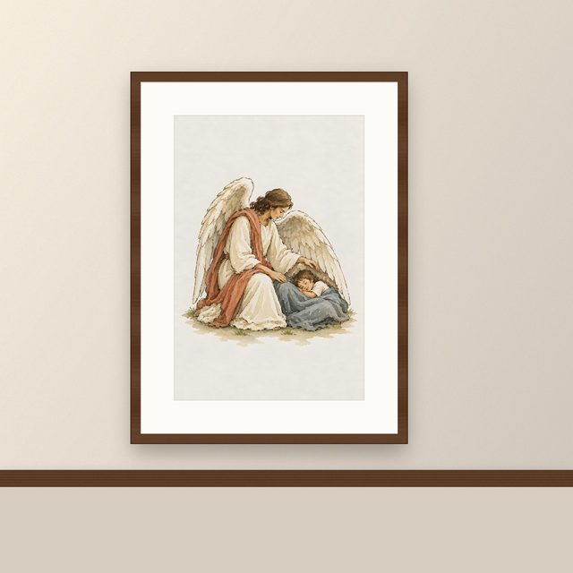 Guardian Angel, watercolor print, framed on a wall