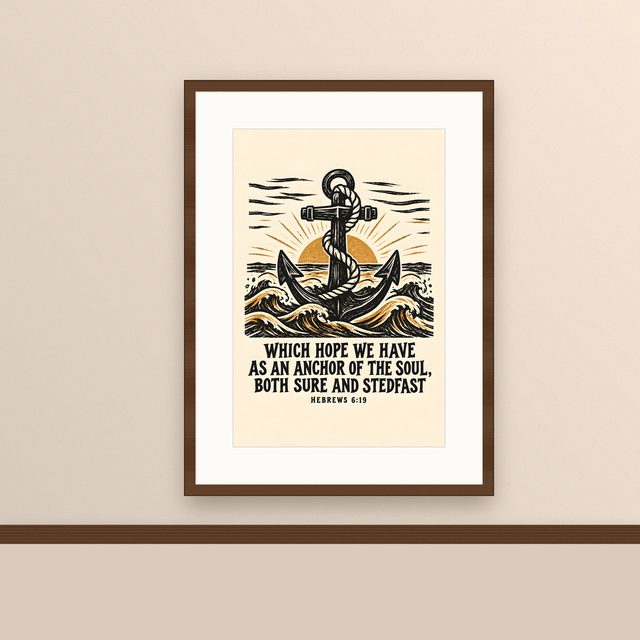 Anchor of the Soul Linocut, Hebrews 6:19 watercolor print, framed on a wall