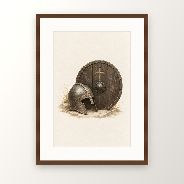 Helmet and Shield, watercolor print, framed