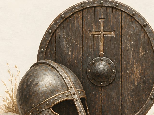 Helmet and Shield watercolor print, close-up of the watercolor painting