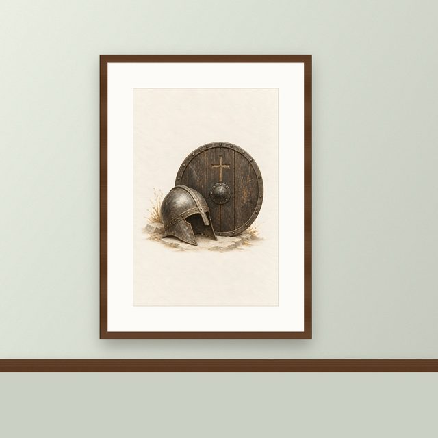 Helmet and Shield, watercolor print, framed on a wall