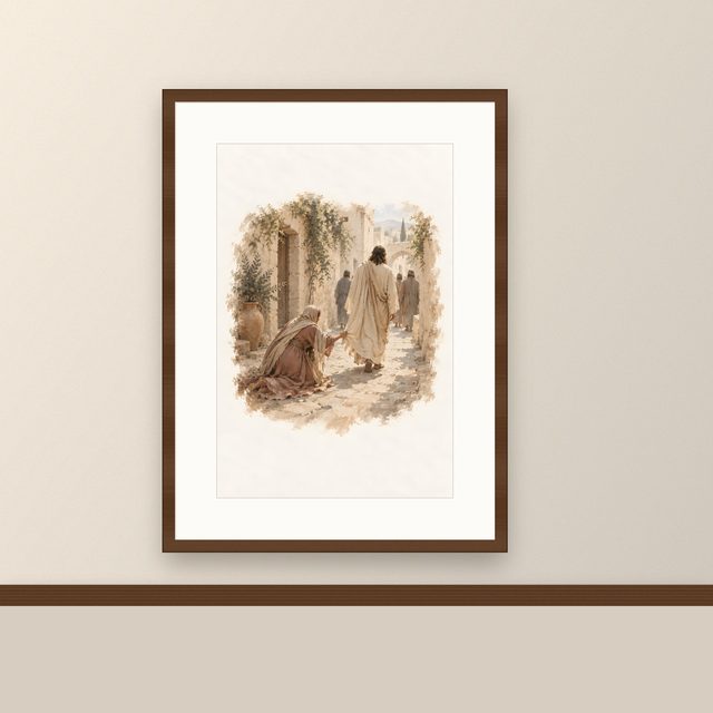 Hem of His Garment, watercolor print, framed on a wall