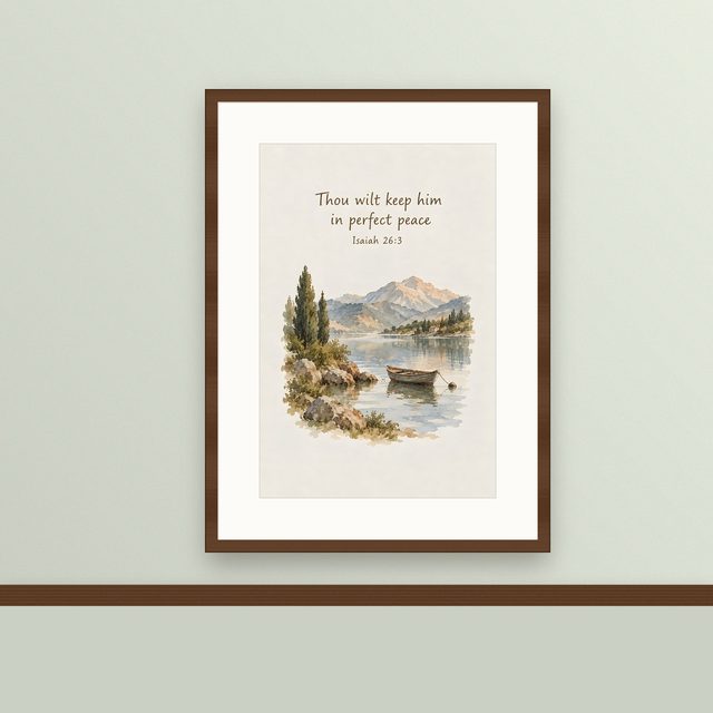 Thou Wilt Keep Him in Perfect Peace, Isaiah 26:3 watercolor print, framed on a wall