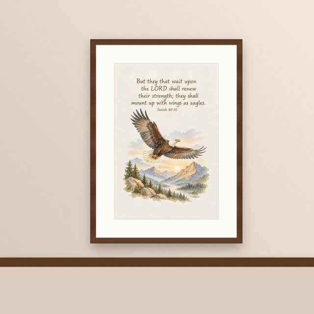 They That Wait Upon the Lord Shall Renew Their Strength, Isaiah 40:31 watercolor print, framed on a wall