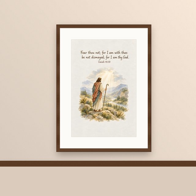 Fear Thou Not For I Am With Thee, Isaiah 41:10 watercolor print, framed on a wall