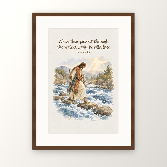 When Thou Passest Through the Waters, Isaiah 43:2 watercolor print, framed