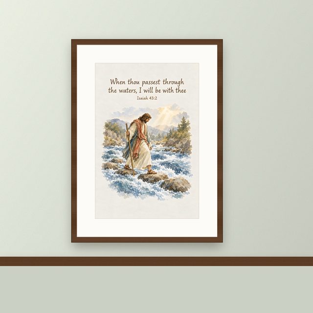 When Thou Passest Through the Waters, Isaiah 43:2 watercolor print, framed on a wall