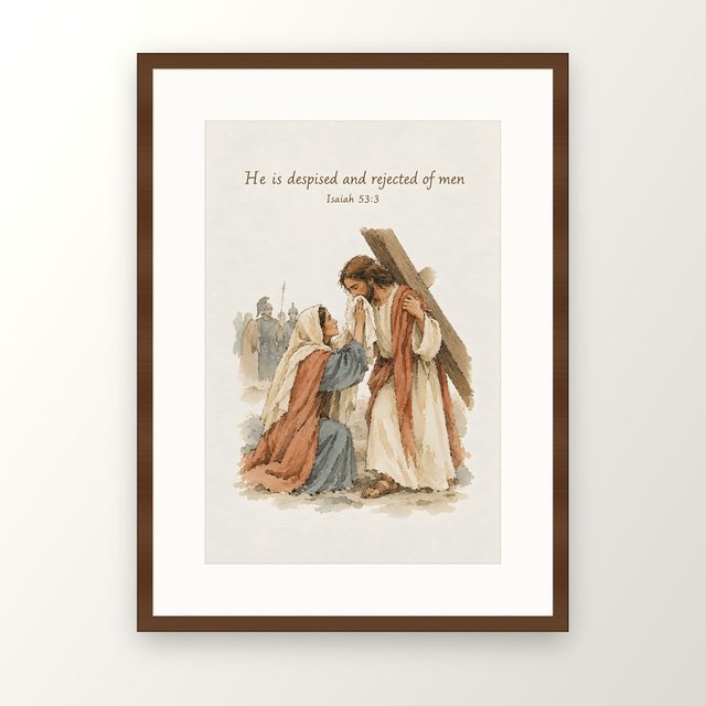 Stations of the Cross, Isaiah 53:3 watercolor print, framed