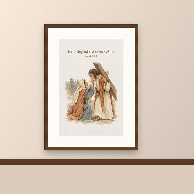 Stations of the Cross, Isaiah 53:3 watercolor print, framed on a wall