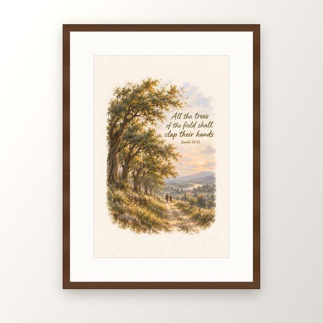 Forest Path at Dusk, Isaiah 55:12 watercolor print, framed