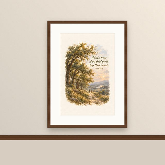 Forest Path at Dusk, Isaiah 55:12 watercolor print, framed on a wall