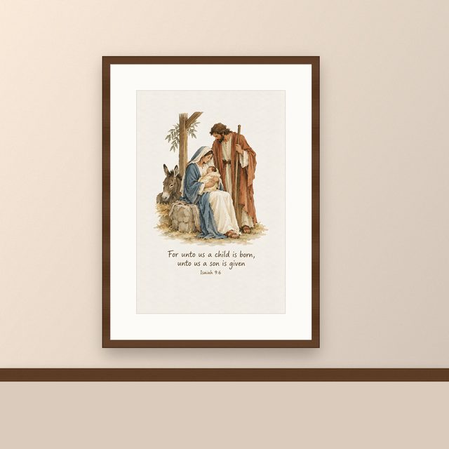 A Child Is Born, Isaiah 9:6 watercolor print, framed on a wall