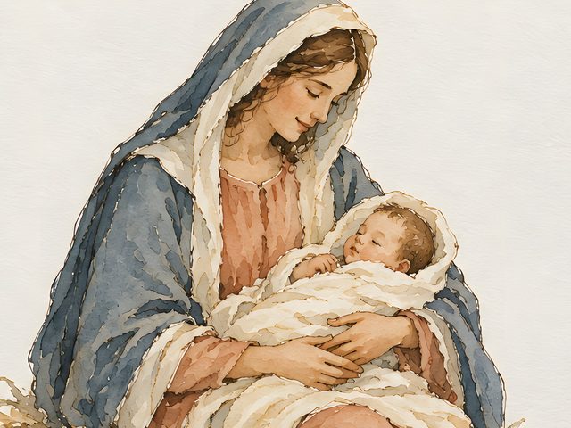 For Unto Us a Child Is Born Madonna and Child, Isaiah 9:6 watercolor print, close-up of the watercolor painting