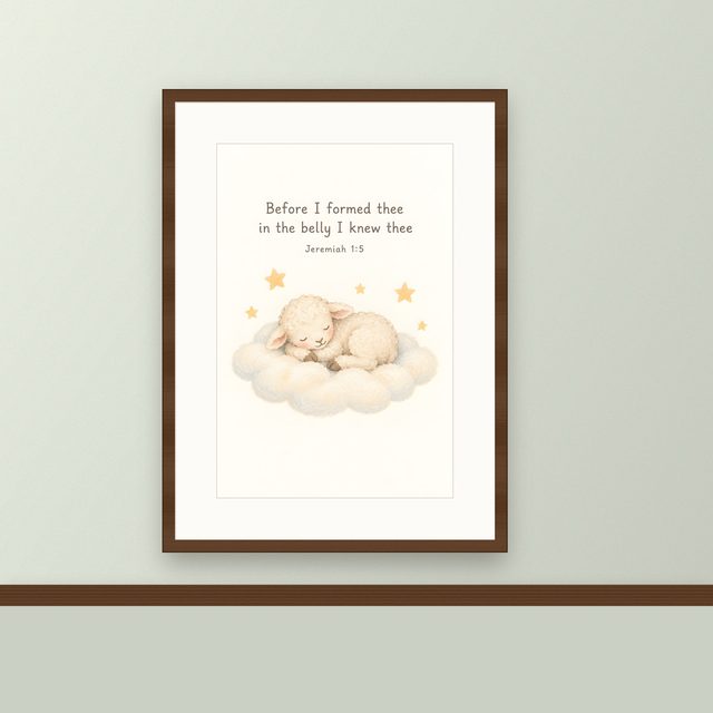 Lamb on a Cloud, Jeremiah 1:5 watercolor print, framed on a wall