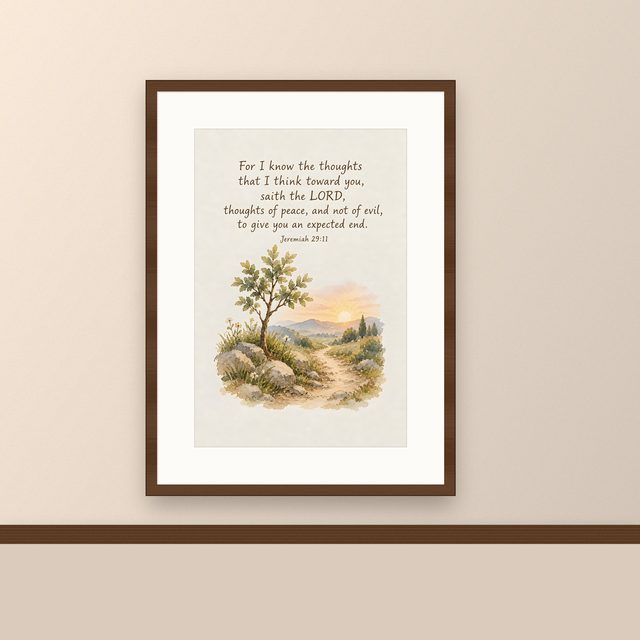 For I Know the Thoughts I Think Toward You, Jeremiah 29:11 watercolor print, framed on a wall