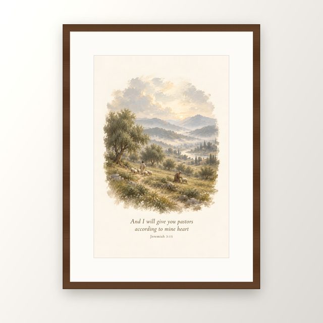 Shepherd on the Hillside, Jeremiah 3:15 watercolor print, framed