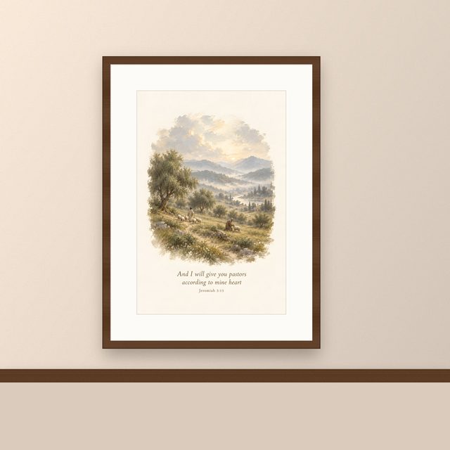 Shepherd on the Hillside, Jeremiah 3:15 watercolor print, framed on a wall
