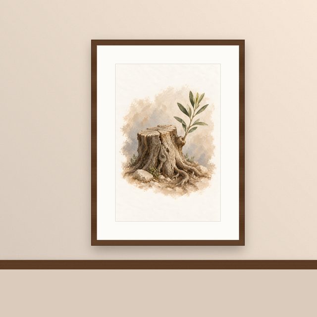 Jesse Tree, watercolor print, framed on a wall