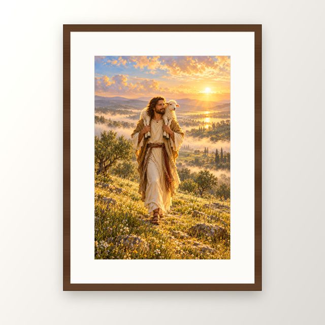 Jesus and the Lamb oil-style print, in a walnut frame with a white mat