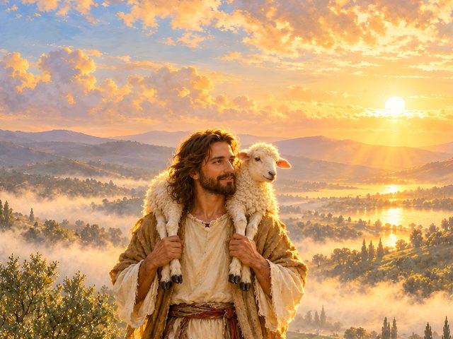 Jesus and the Lamb oil-style print, close-up of the oil-style painting