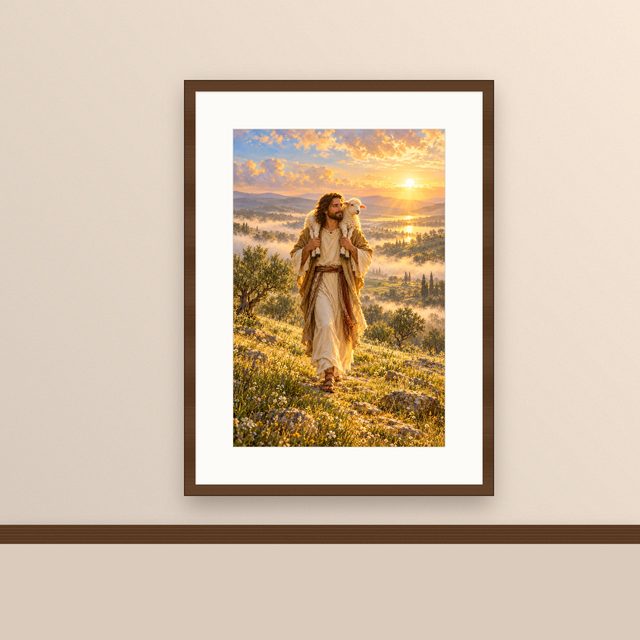 Jesus and the Lamb oil-style print, framed and hung on a painted wall above a wooden ledge