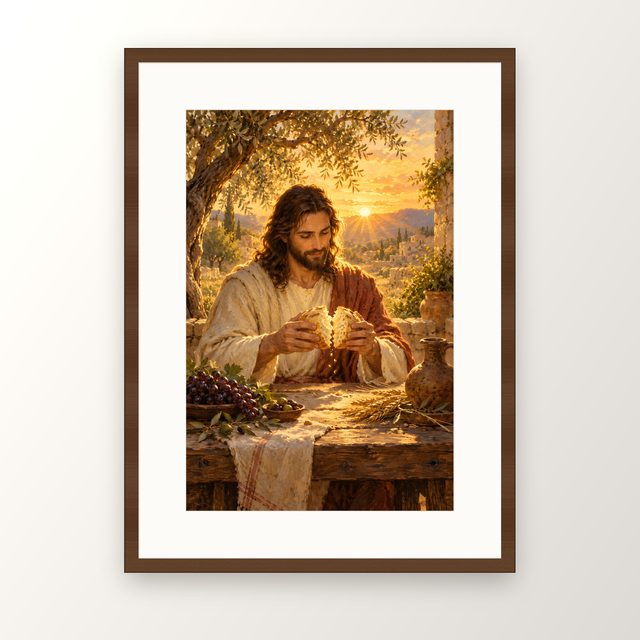 Jesus Breaking Bread oil-style print, in a walnut frame with a white mat