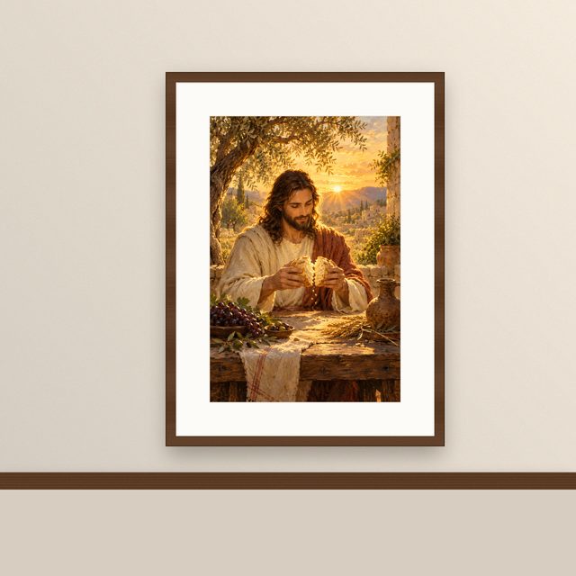 Jesus Breaking Bread oil-style print, framed and hung on a painted wall above a wooden ledge