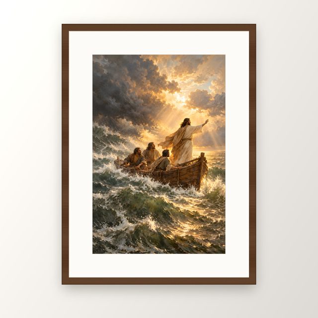 Jesus Calms the Storm oil-style print, in a walnut frame with a white mat