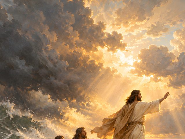 Jesus Calms the Storm oil-style print, close-up of the oil-style painting