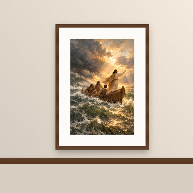 Jesus Calms the Storm oil-style print, framed and hung on a painted wall above a wooden ledge
