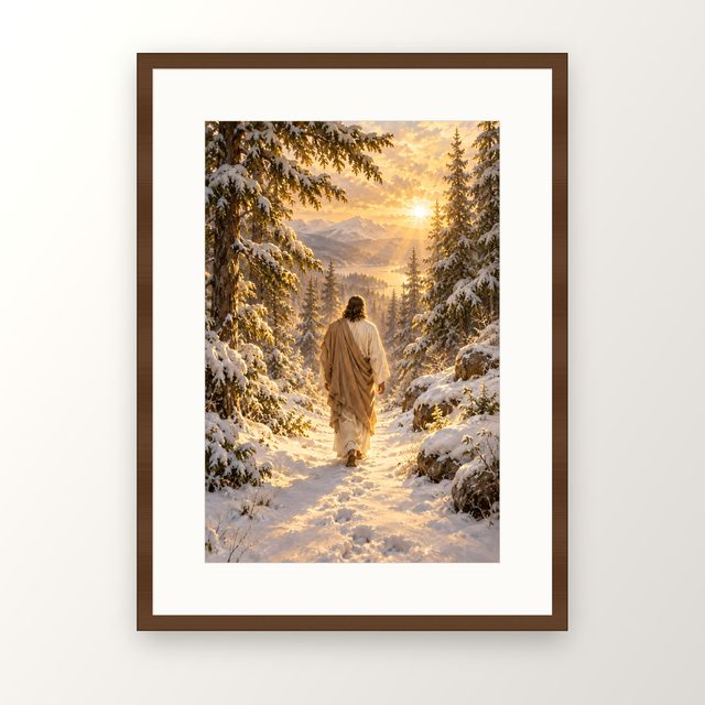 Jesus in the Snow oil-style print, in a walnut frame with a white mat