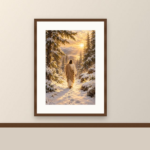 Jesus in the Snow oil-style print, framed and hung on a painted wall above a wooden ledge