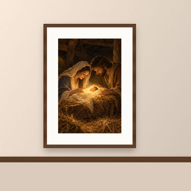 Jesus Is the Reason oil-style print, framed and hung on a painted wall above a wooden ledge
