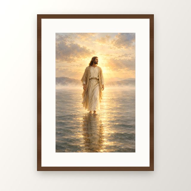 Jesus Walking at Dawn oil-style print, in a walnut frame with a white mat